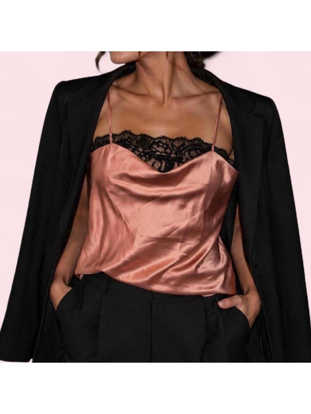 Forever 21 dusty rose pink satin camisole with dramatic black floral lace trim